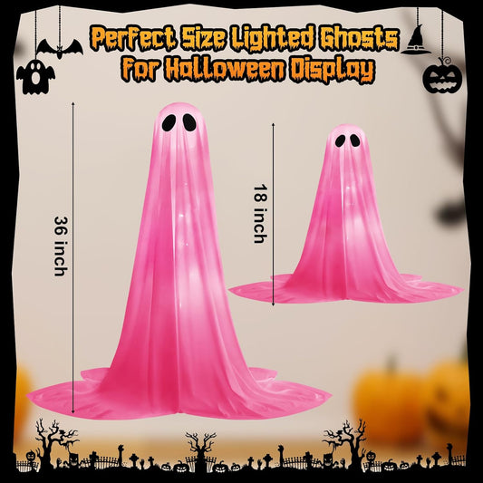2 Pack Halloween Ghosts Outdoor Pink Spooky Ghost Decorations Outside 36'' & 18'' Tall White Light Timer Function Standing Scary Light Up Ghost Kit for Porch, Courtyard, Party, Haunted Houses (Pink)
