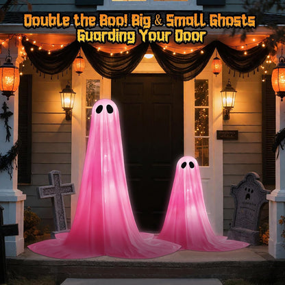 2 Pack Halloween Ghosts Outdoor Pink Spooky Ghost Decorations Outside 36'' & 18'' Tall White Light Timer Function Standing Scary Light Up Ghost Kit for Porch, Courtyard, Party, Haunted Houses (Pink)