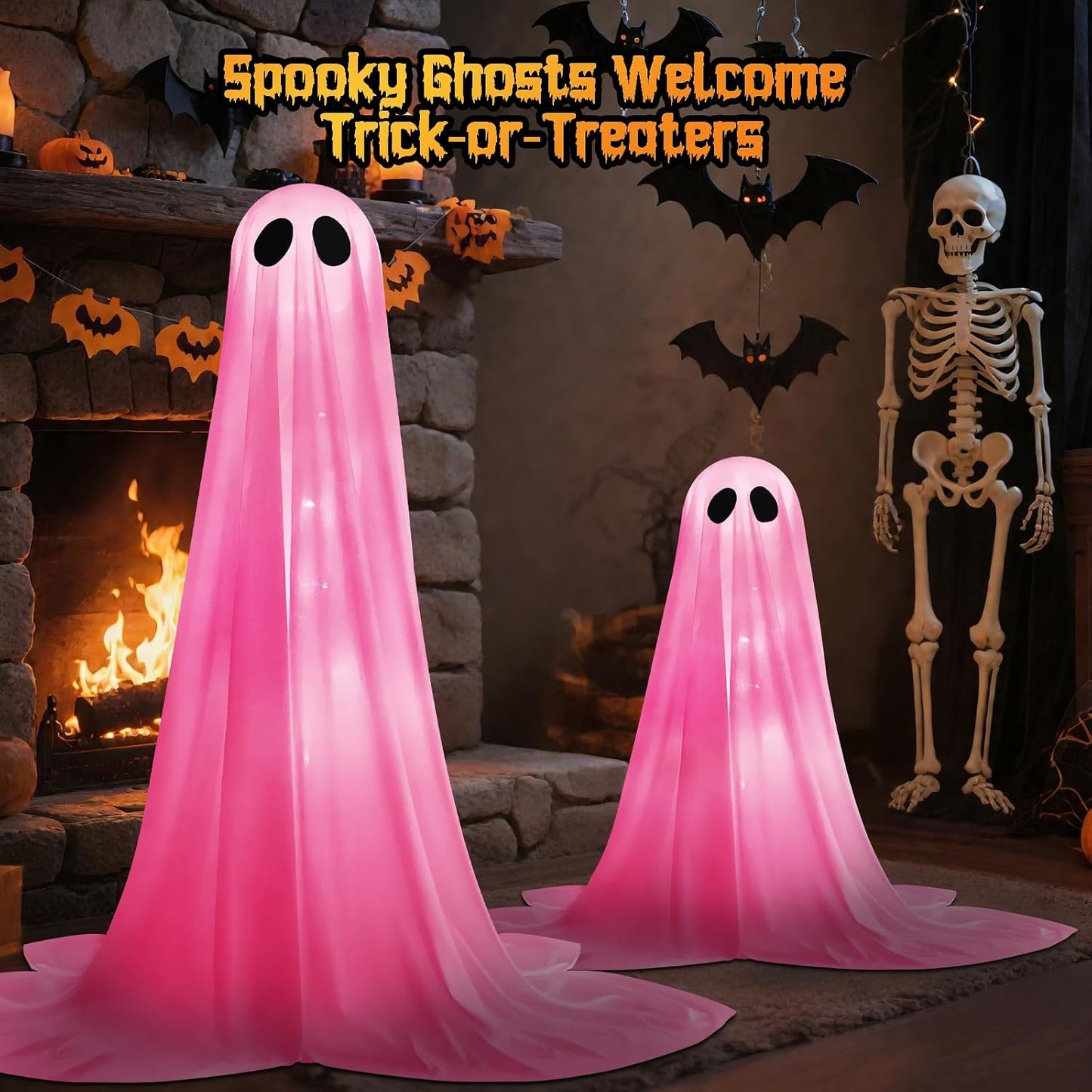 2 Pack Halloween Ghosts Outdoor Pink Spooky Ghost Decorations Outside 36'' & 18'' Tall White Light Timer Function Standing Scary Light Up Ghost Kit for Porch, Courtyard, Party, Haunted Houses (Pink)