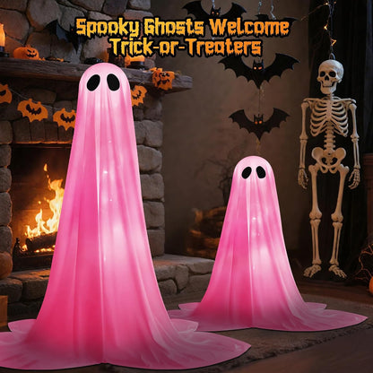 2 Pack Halloween Ghosts Outdoor Pink Spooky Ghost Decorations Outside 36'' & 18'' Tall White Light Timer Function Standing Scary Light Up Ghost Kit for Porch, Courtyard, Party, Haunted Houses (Pink)