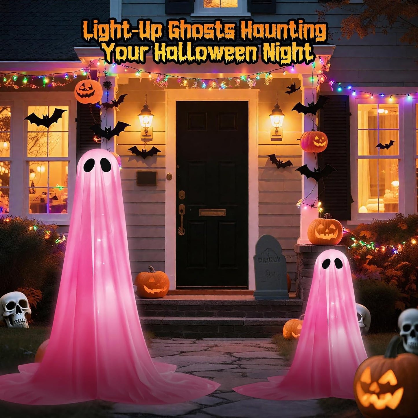 2 Pack Halloween Ghosts Outdoor Pink Spooky Ghost Decorations Outside 36'' & 18'' Tall White Light Timer Function Standing Scary Light Up Ghost Kit for Porch, Courtyard, Party, Haunted Houses (Pink)