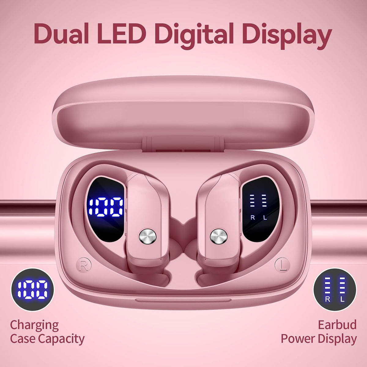 bmani Ear Buds Wireless Earbuds Bluetooth Headphones with 80H Playtime LED Display Case, Over-Ear Hook with Mic, Stereo Sound, Easy Button Controls, Sports Earphones for Running Workout Gym Pink