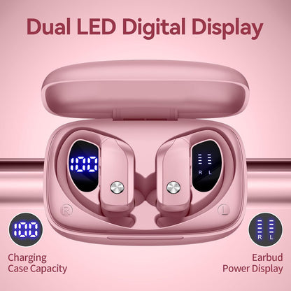 bmani Ear Buds Wireless Earbuds Bluetooth Headphones with 80H Playtime LED Display Case, Over-Ear Hook with Mic, Stereo Sound, Easy Button Controls, Sports Earphones for Running Workout Gym Pink
