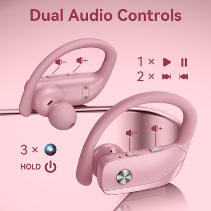 bmani Ear Buds Wireless Earbuds Bluetooth Headphones with 80H Playtime LED Display Case, Over-Ear Hook with Mic, Stereo Sound, Easy Button Controls, Sports Earphones for Running Workout Gym Pink
