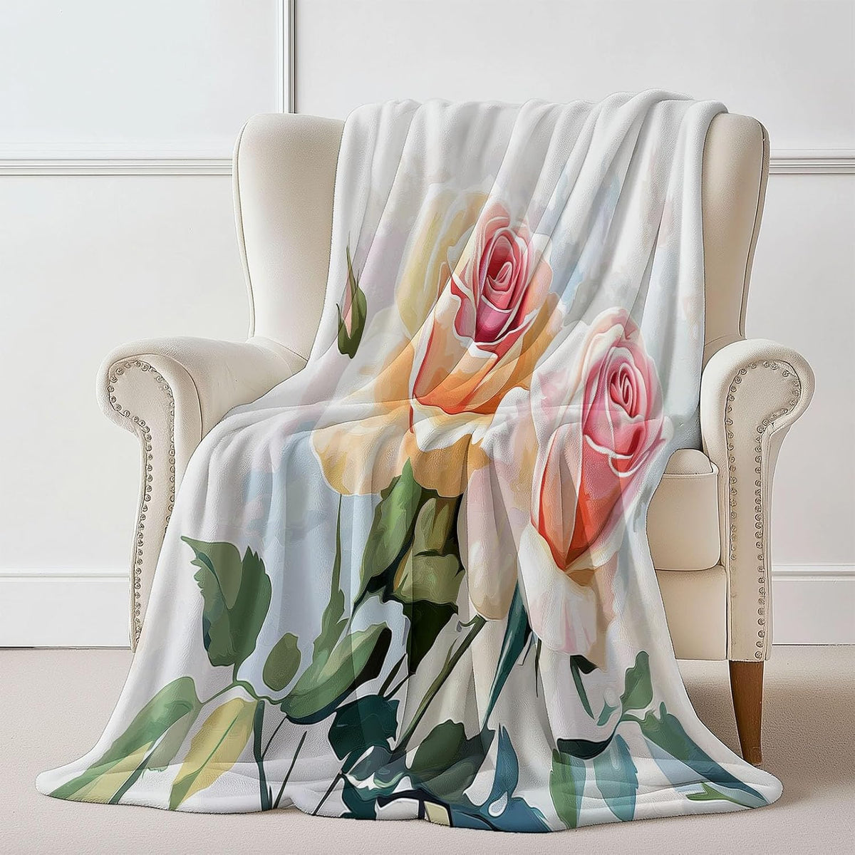 Throw Blanket Twin for Couch Pink Bedding Soft Lightweight Plush Blankets, Sofa Bed Office Chair Throws for Boys Girls Watercolor Style Rose Pattern Blanket Throws for All Seasons 40" x 50"