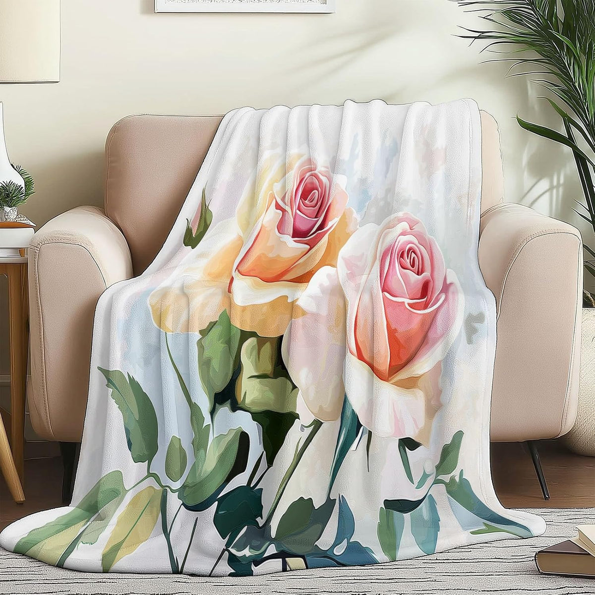 Throw Blanket Twin for Couch Pink Bedding Soft Lightweight Plush Blankets, Sofa Bed Office Chair Throws for Boys Girls Watercolor Style Rose Pattern Blanket Throws for All Seasons 40" x 50"