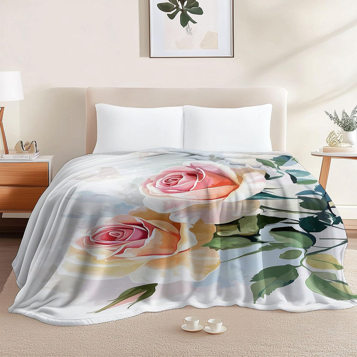 Throw Blanket Twin for Couch Pink Bedding Soft Lightweight Plush Blankets, Sofa Bed Office Chair Throws for Boys Girls Watercolor Style Rose Pattern Blanket Throws for All Seasons 40" x 50"