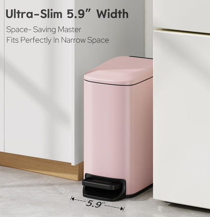 Small Bathroom Trash Can with Lid, 1.6 Gal, Soft Close, Pink