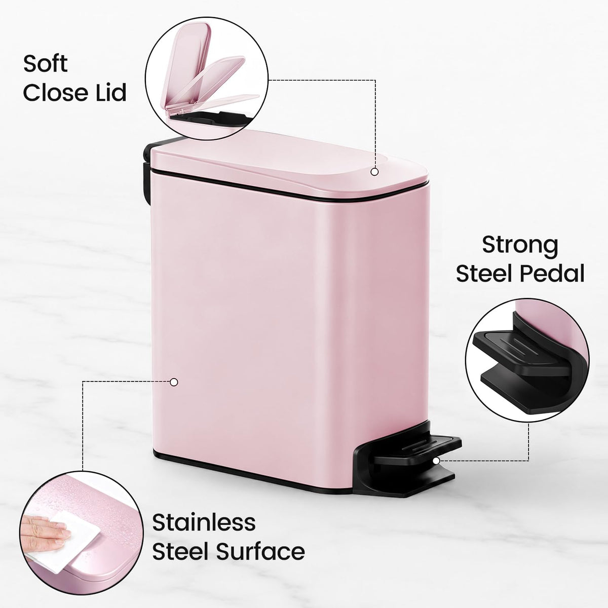 Small Bathroom Trash Can with Lid, 1.6 Gal, Soft Close, Pink