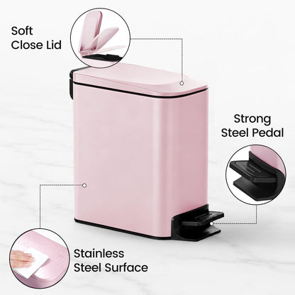 Small Bathroom Trash Can with Lid, 1.6 Gal, Soft Close, Pink