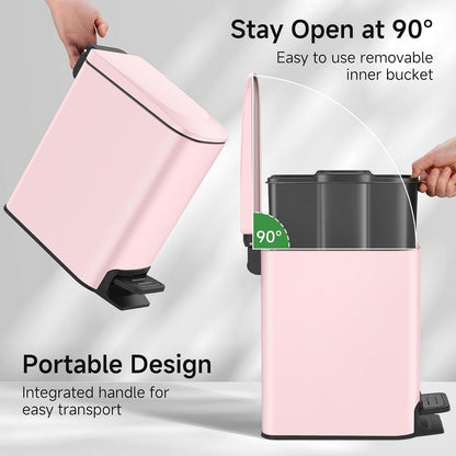 Small Bathroom Trash Can with Lid, 1.6 Gal, Soft Close, Pink