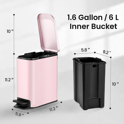 Small Bathroom Trash Can with Lid, 1.6 Gal, Soft Close, Pink