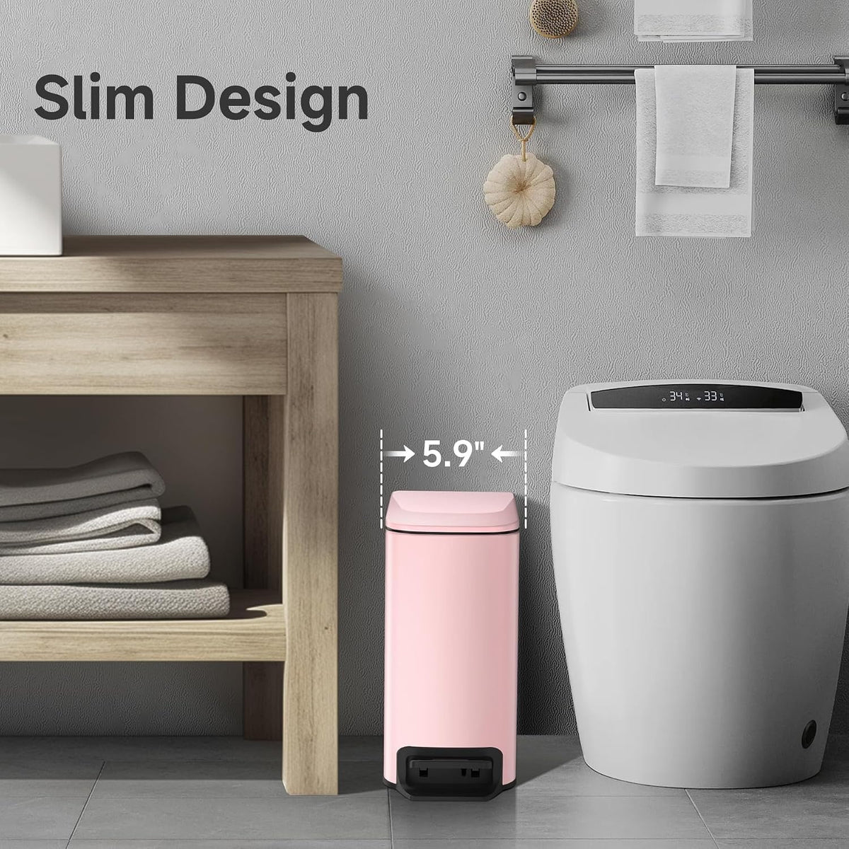 Small Bathroom Trash Can with Lid, 1.6 Gal, Soft Close, Pink