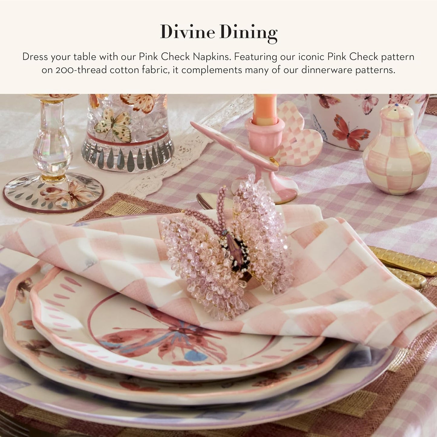 MACKENZIE-CHILDS Set of 4 Cotton Napkins, Cloth Dinner Napkins, Pink Check