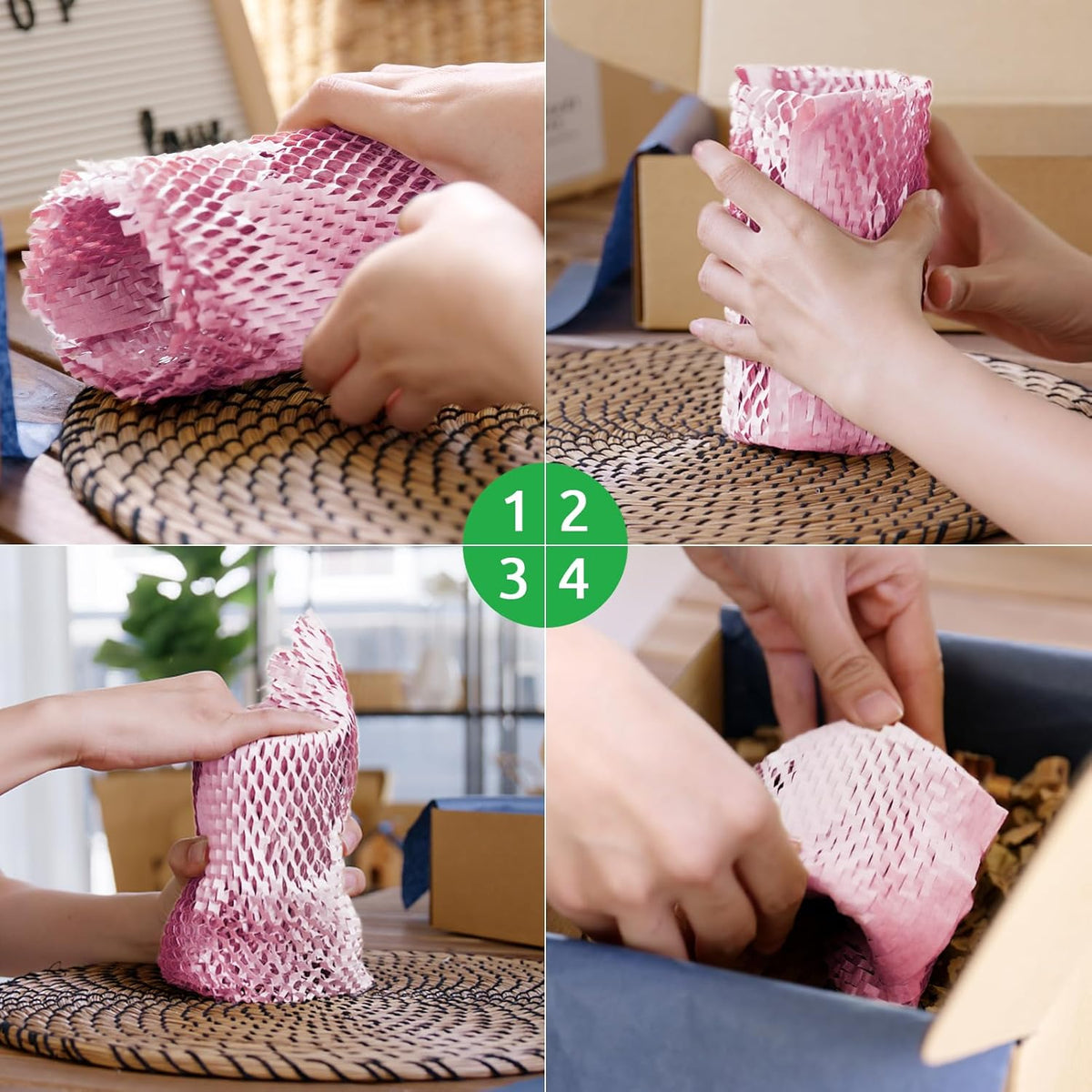 Honeycomb Packing Paper 15"x131' Recyclable Honeycomb Paper Moving Supplies Bubble Paper Wrapping Protective Roll with 30 Fragile Sticker Labels and 66ft of Jute rope (Light pink)