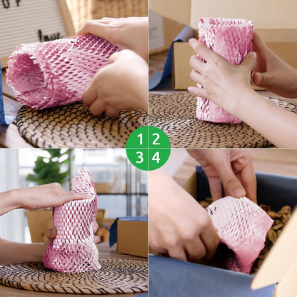 Honeycomb Packing Paper 15"x131' Recyclable Honeycomb Paper Moving Supplies Bubble Paper Wrapping Protective Roll with 30 Fragile Sticker Labels and 66ft of Jute rope (Light pink)