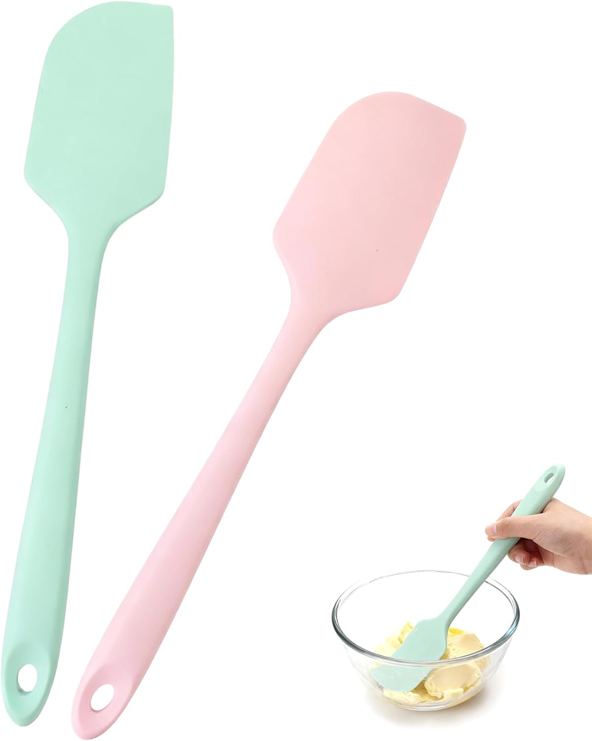 2-Pack 600°F Heat Resistant Spatula Set, 11.34 Inch Seamless Silicone Scrapers (Pink & Green) - Flexible & Gentle on Nonstick Cookware for Baking, Mixing, Stirring