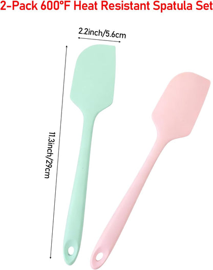 2-Pack 600°F Heat Resistant Spatula Set, 11.34 Inch Seamless Silicone Scrapers (Pink & Green) - Flexible & Gentle on Nonstick Cookware for Baking, Mixing, Stirring