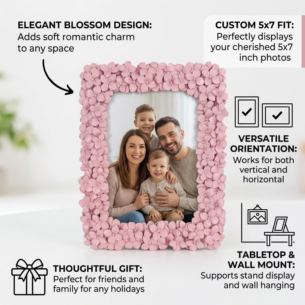 5x7 Ornate Floral Picture Frame, Embossed Flowers Pink Photo Frame