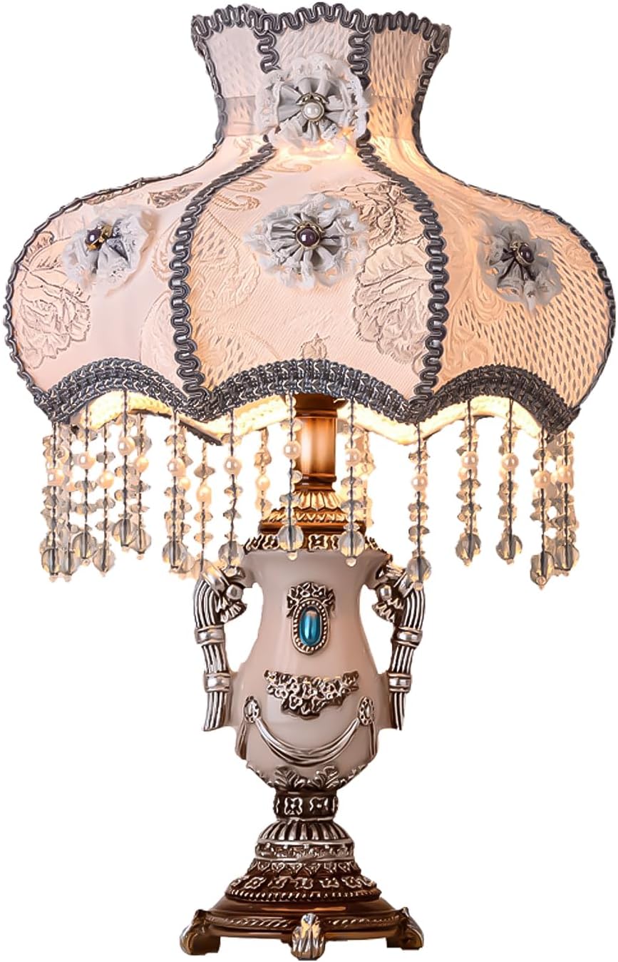 Vintage Pink Table Lamp Victorian Style Button Switch E27 Socket Dimmable Bulb Compatible Nightstand Lighting for Bedroom Living Room Office