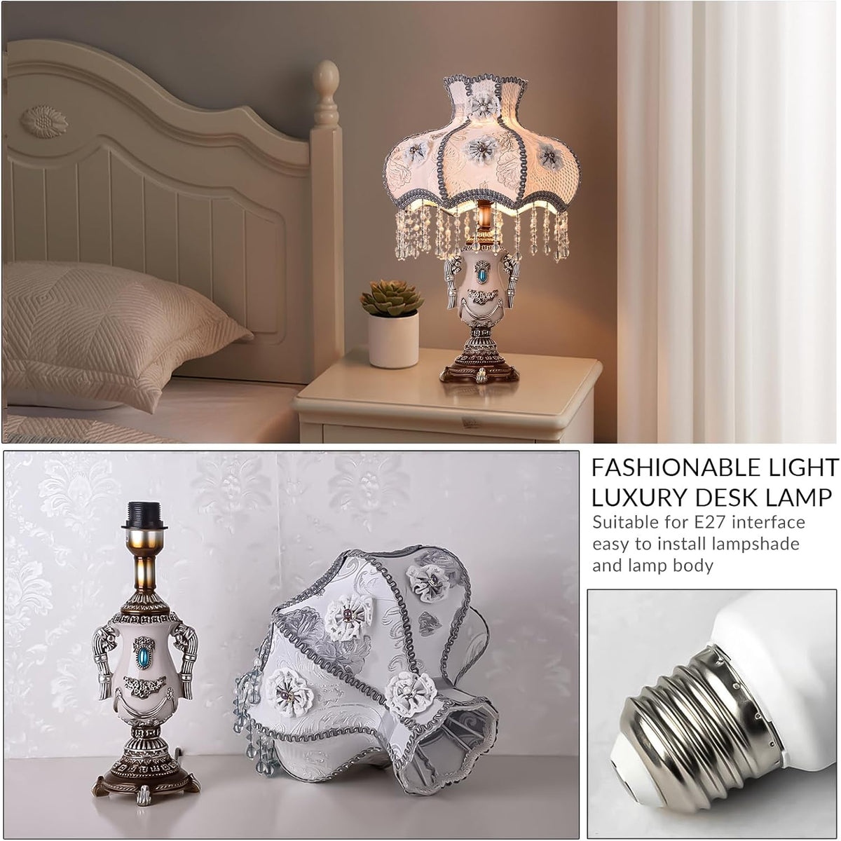 Vintage Pink Table Lamp Victorian Style Button Switch E27 Socket Dimmable Bulb Compatible Nightstand Lighting for Bedroom Living Room Office