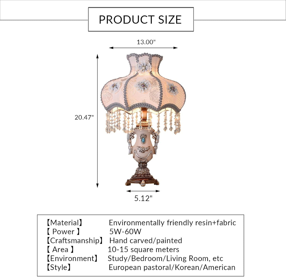 Vintage Pink Table Lamp Victorian Style Button Switch E27 Socket Dimmable Bulb Compatible Nightstand Lighting for Bedroom Living Room Office