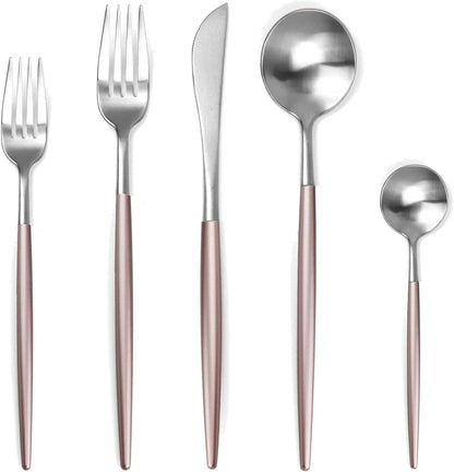 5/20/30/40/50/60 Piece Pink Gold Stainless Steel Silverware Set Portuguese Matte Flatware Set Tea Spoon(Pink Silver,1Set-5Pcs)