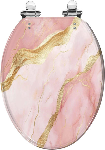 Elongated Toilet Seat Pink marble rose gold Resin Toilet Seat Slow Quiet Close Lid with Quick-Release Hinges Cover Bumpers Easy to Clean Install