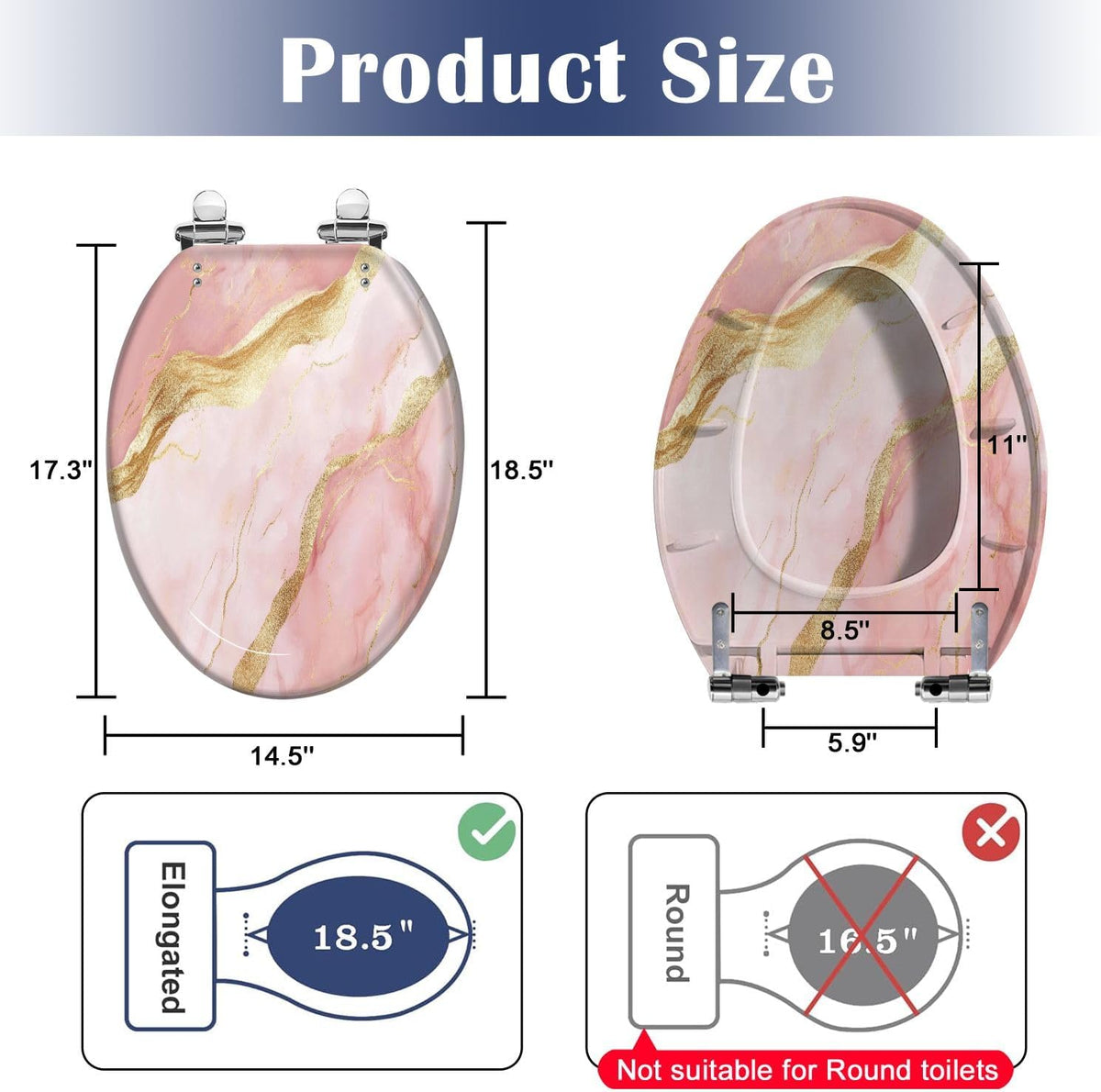Elongated Toilet Seat Pink marble rose gold Resin Toilet Seat Slow Quiet Close Lid with Quick-Release Hinges Cover Bumpers Easy to Clean Install