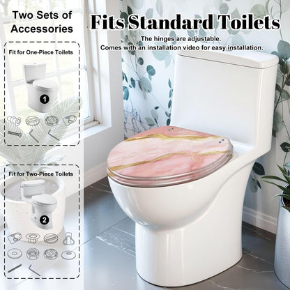 Elongated Toilet Seat Pink marble rose gold Resin Toilet Seat Slow Quiet Close Lid with Quick-Release Hinges Cover Bumpers Easy to Clean Install