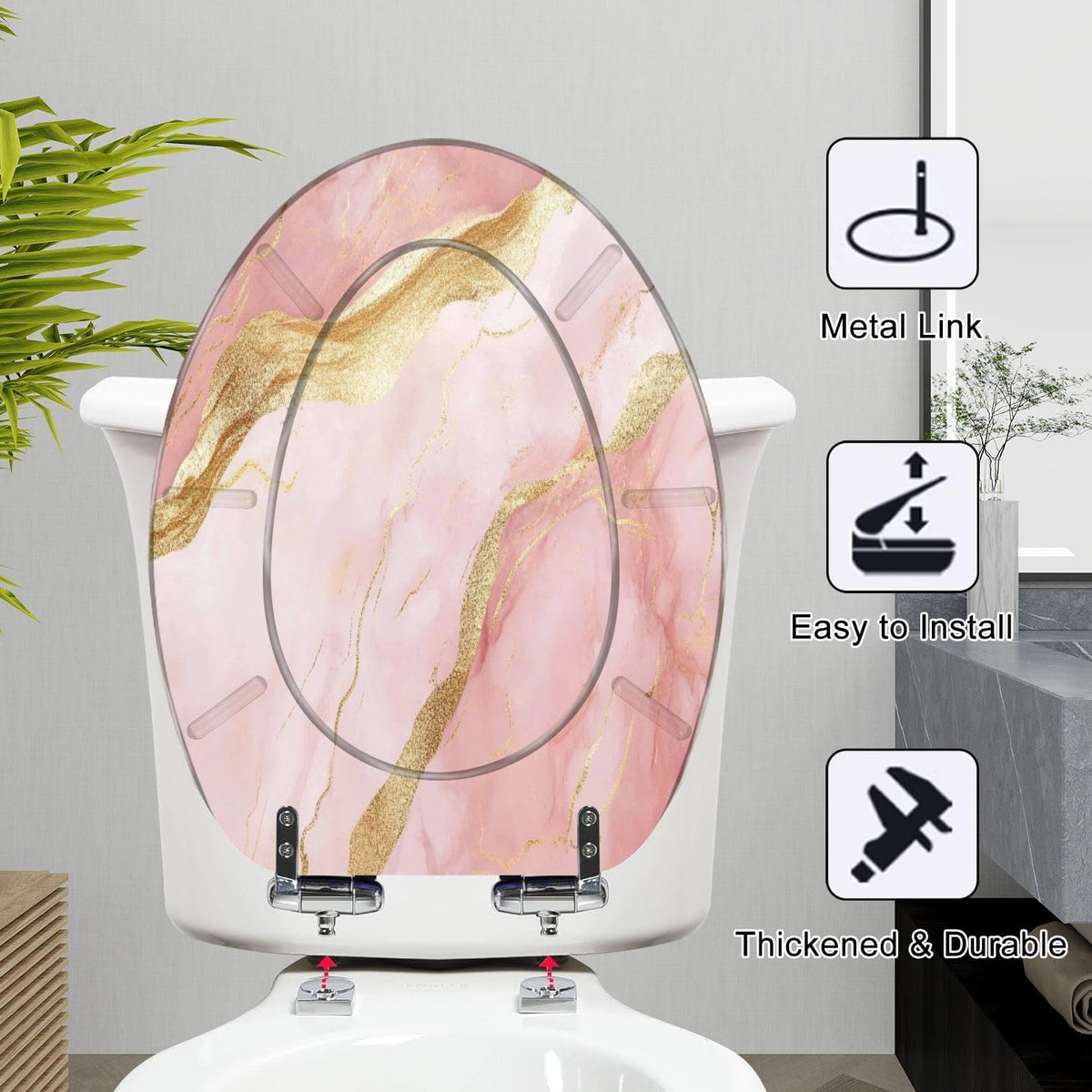 Elongated Toilet Seat Pink marble rose gold Resin Toilet Seat Slow Quiet Close Lid with Quick-Release Hinges Cover Bumpers Easy to Clean Install