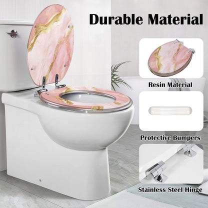 Elongated Toilet Seat Pink marble rose gold Resin Toilet Seat Slow Quiet Close Lid with Quick-Release Hinges Cover Bumpers Easy to Clean Install
