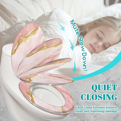 Elongated Toilet Seat Pink marble rose gold Resin Toilet Seat Slow Quiet Close Lid with Quick-Release Hinges Cover Bumpers Easy to Clean Install