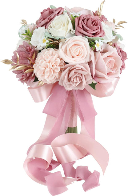 Wedding Bouquet Bride,Bride Bridal Bouquet Bridesmaid Artificial Flowers for Ceremony Anniversary Party Bridal Shower Decoration Wedding Bouquets (Bean Paste Pink)
