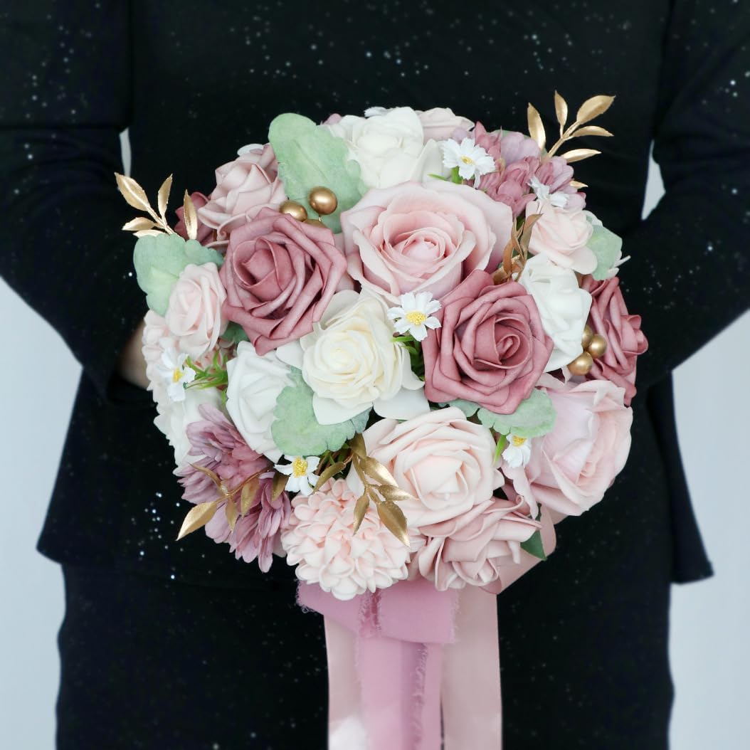 Wedding Bouquet Bride,Bride Bridal Bouquet Bridesmaid Artificial Flowers for Ceremony Anniversary Party Bridal Shower Decoration Wedding Bouquets (Bean Paste Pink)