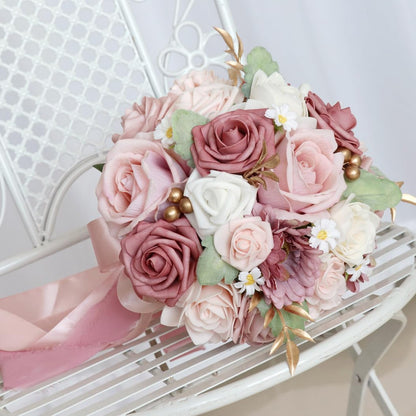 Wedding Bouquet Bride,Bride Bridal Bouquet Bridesmaid Artificial Flowers for Ceremony Anniversary Party Bridal Shower Decoration Wedding Bouquets (Bean Paste Pink)