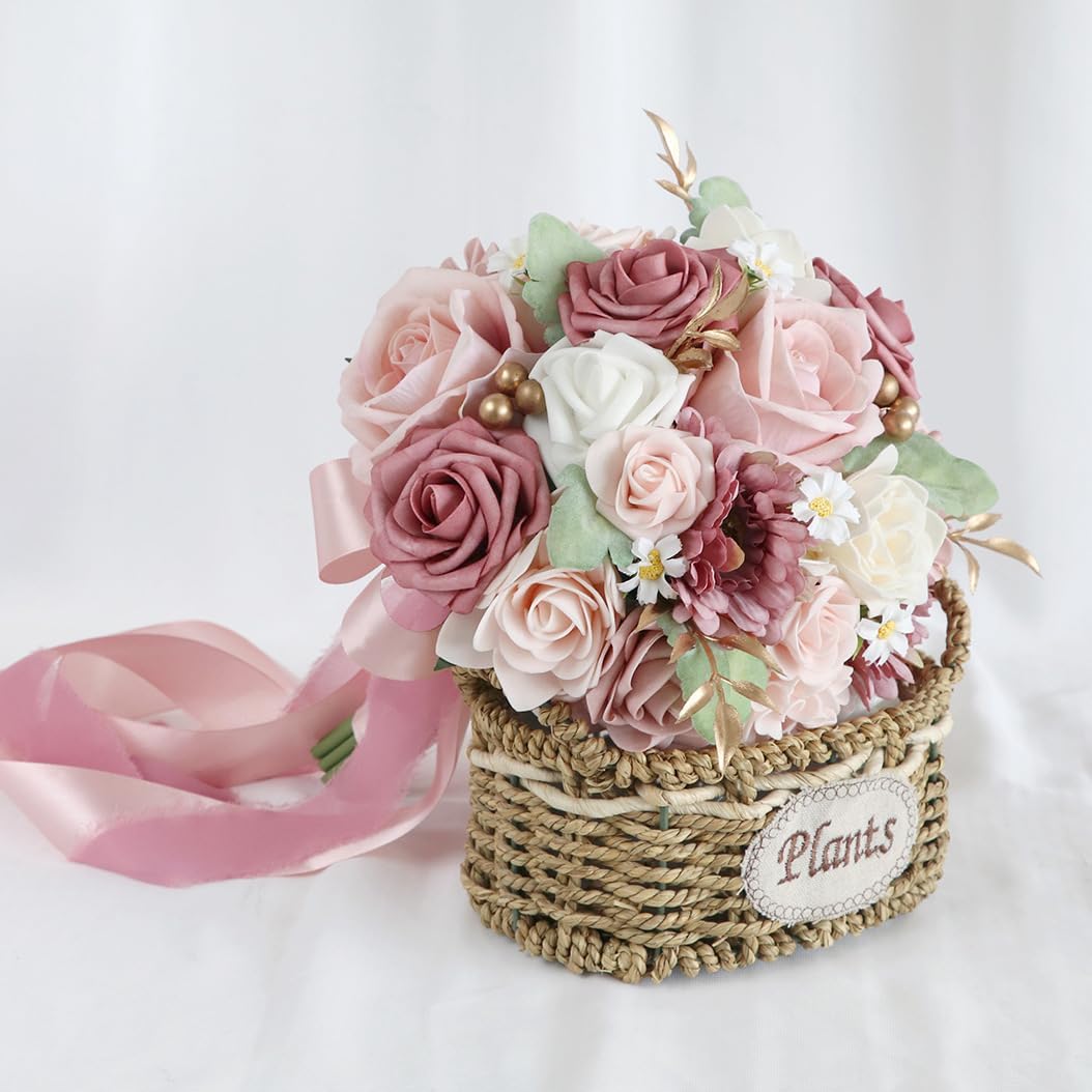 Wedding Bouquet Bride,Bride Bridal Bouquet Bridesmaid Artificial Flowers for Ceremony Anniversary Party Bridal Shower Decoration Wedding Bouquets (Bean Paste Pink)
