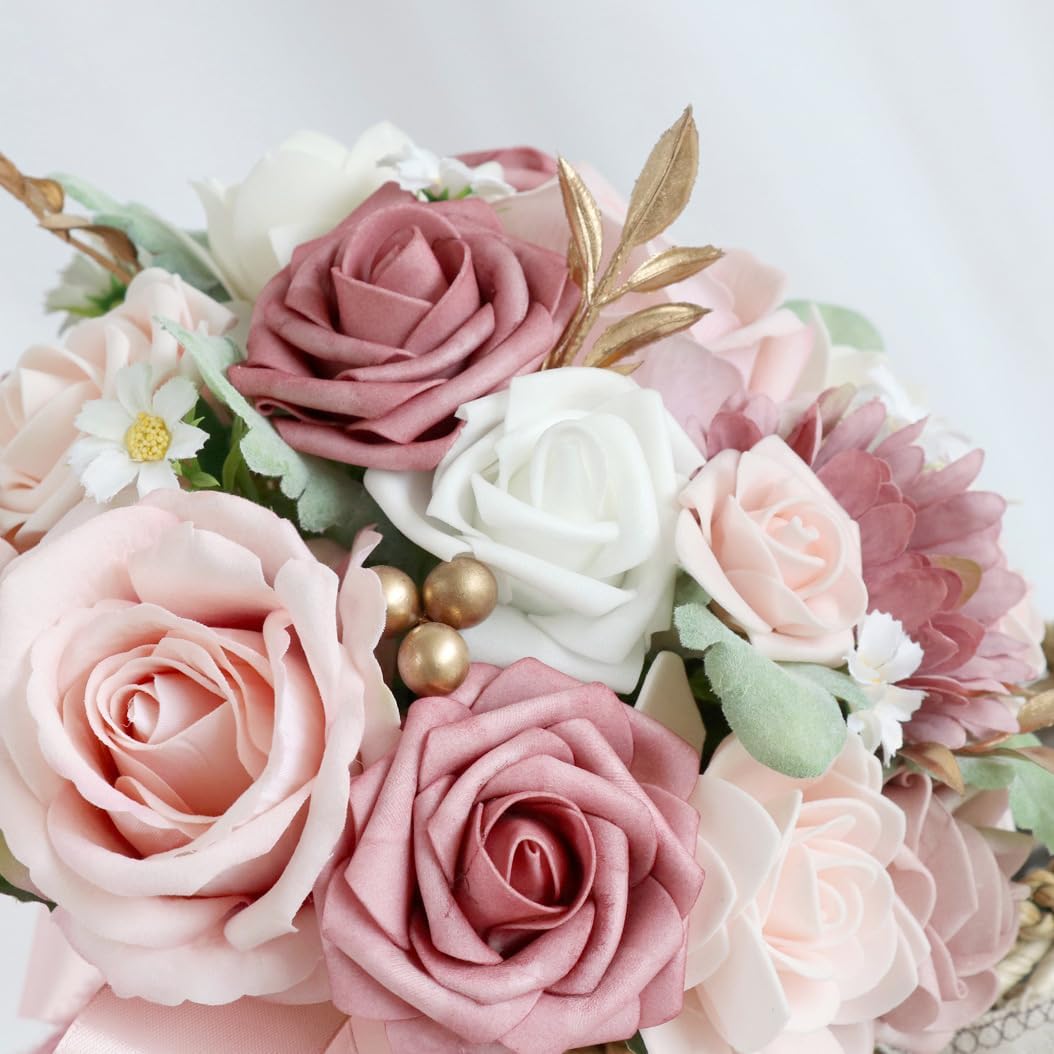 Wedding Bouquet Bride,Bride Bridal Bouquet Bridesmaid Artificial Flowers for Ceremony Anniversary Party Bridal Shower Decoration Wedding Bouquets (Bean Paste Pink)