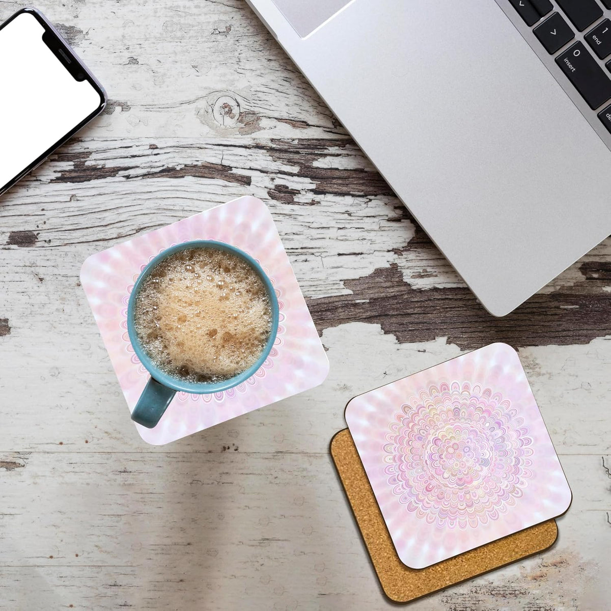 Light Pink Flower Mandala - Abstract Floral Set of 4 Coasters - Cork
