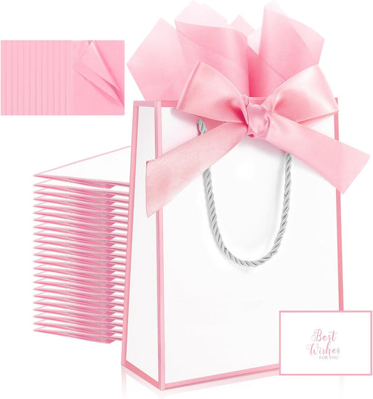 12 Pack Small Gift Bags with Handles Include Tissue Papers & Cards, 9x7x3.15'' Thank You Gift Bags for Birthday, Baby Shower, Wedding, Bridesmaids, Anniversary, Mother’s Day (White and Pink)