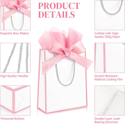 12 Pack Small Gift Bags with Handles Include Tissue Papers & Cards, 9x7x3.15'' Thank You Gift Bags for Birthday, Baby Shower, Wedding, Bridesmaids, Anniversary, Mother’s Day (White and Pink)