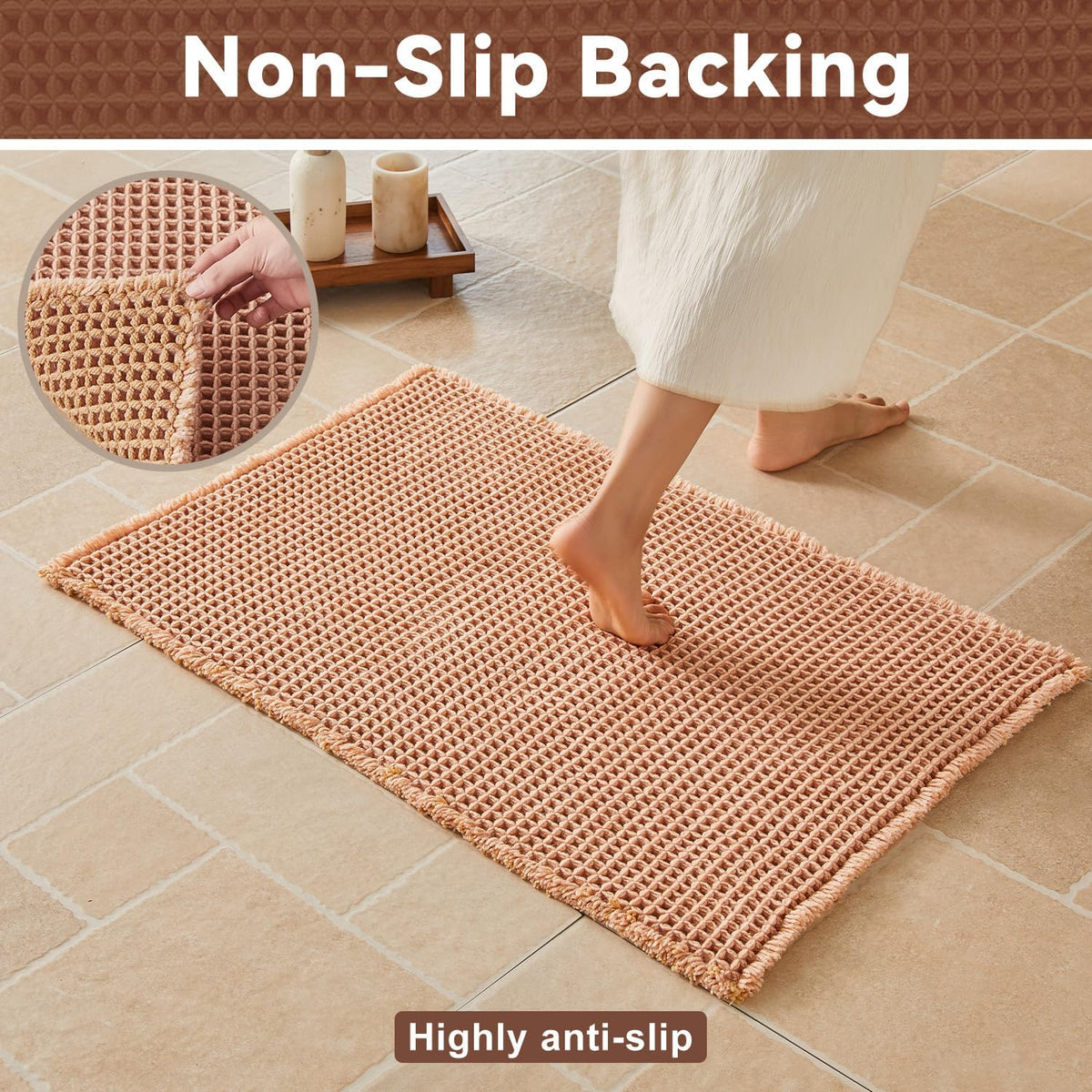 Waffle Bath Mat, Small Boho Bathroom Rugs, 16x24 Light Peachy