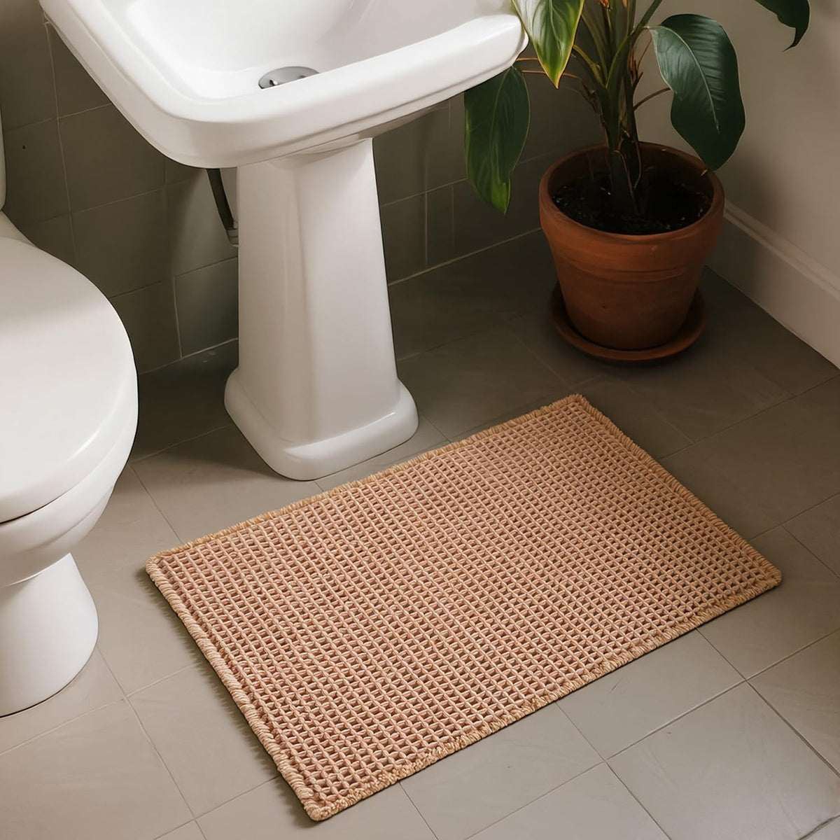 Waffle Bath Mat, Small Boho Bathroom Rugs, 16x24 Light Peachy