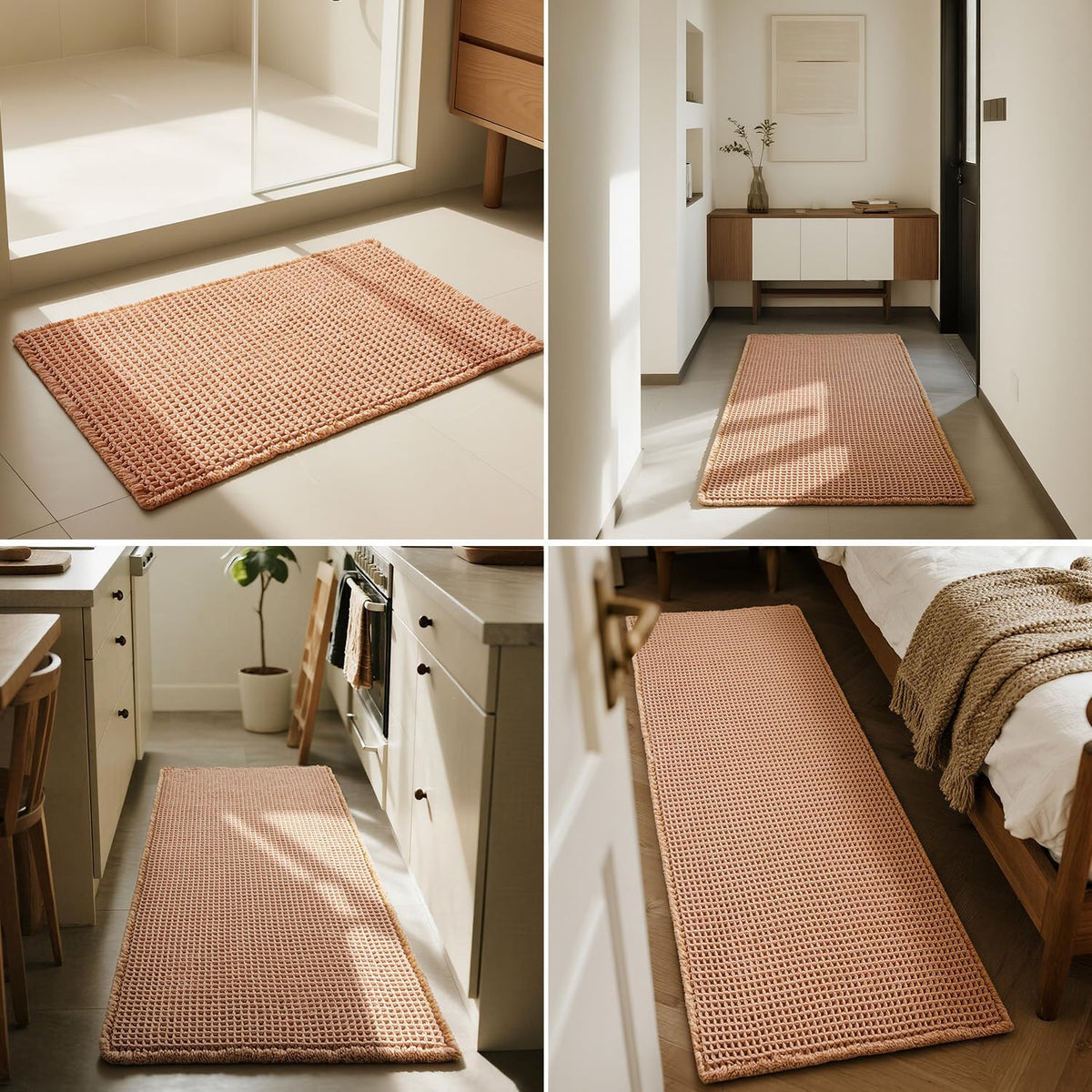 Waffle Bath Mat, Small Boho Bathroom Rugs, 16x24 Light Peachy