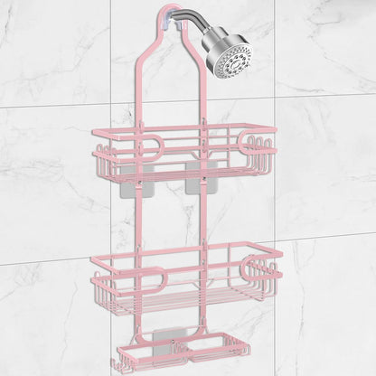 Shower Caddy Hanging, Over Head Shower Caddy Shower Storage Rack Basket with Hooks for Razor and Sponge Rustproof, No Drilling, Accessories for Bathroom and Kitchen, pink