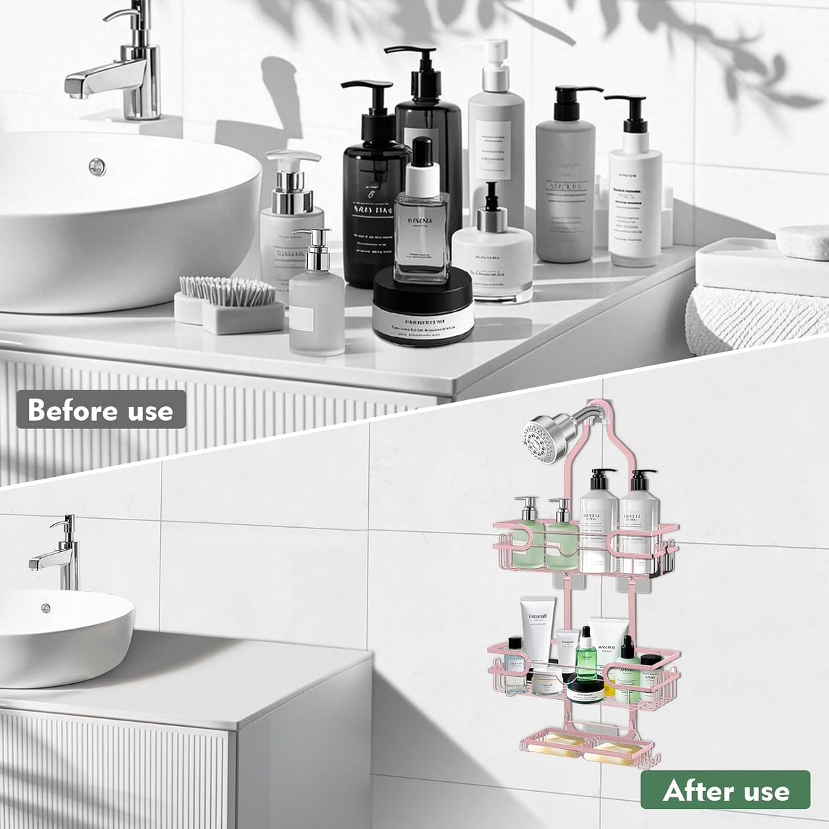 Shower Caddy Hanging, Over Head Shower Caddy Shower Storage Rack Basket with Hooks for Razor and Sponge Rustproof, No Drilling, Accessories for Bathroom and Kitchen, pink