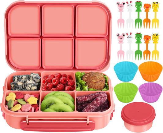 Lunch Box Kids Girls Boys,Bento Box Adult,Toddler Lunch Containers for School,Leakproof Snack Containers with 6 Compartments,Sauce Container,10 Food Picks and 4 Muffin Cups (Pink)