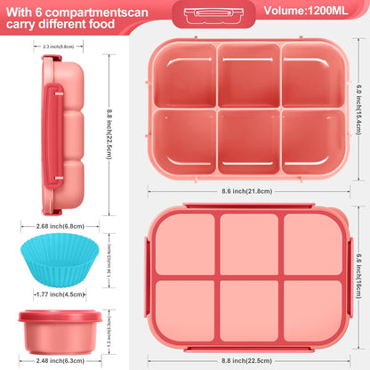 Lunch Box Kids Girls Boys,Bento Box Adult,Toddler Lunch Containers for School,Leakproof Snack Containers with 6 Compartments,Sauce Container,10 Food Picks and 4 Muffin Cups (Pink)