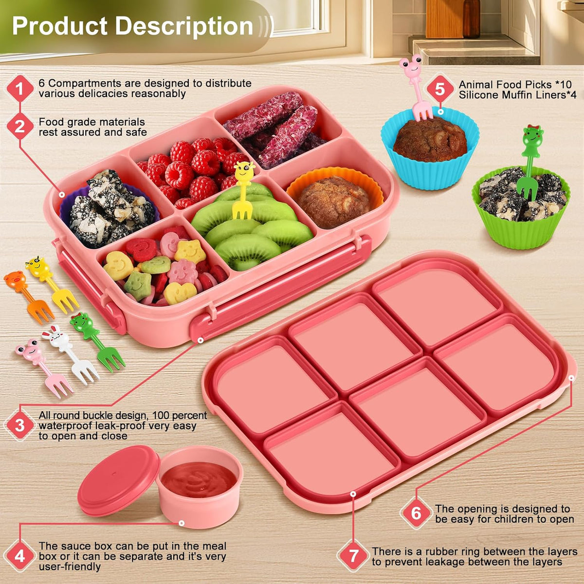 Lunch Box Kids Girls Boys,Bento Box Adult,Toddler Lunch Containers for School,Leakproof Snack Containers with 6 Compartments,Sauce Container,10 Food Picks and 4 Muffin Cups (Pink)