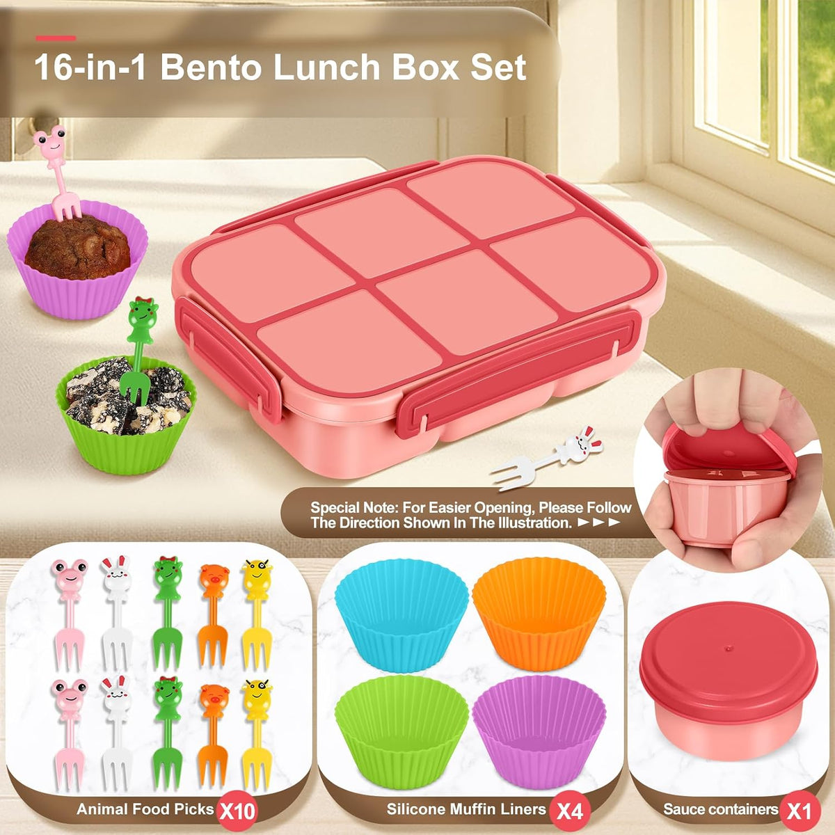 Lunch Box Kids Girls Boys,Bento Box Adult,Toddler Lunch Containers for School,Leakproof Snack Containers with 6 Compartments,Sauce Container,10 Food Picks and 4 Muffin Cups (Pink)
